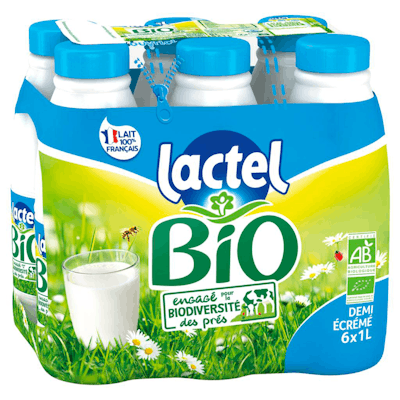 lait Lactel Bio 6x1L de la gamme (demi-écrémé, entier ou écrémé)
